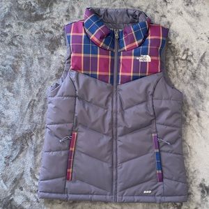 Women's The North Face Sheka 550 Goose Down Gray & Purple Plaid Vest Size XS